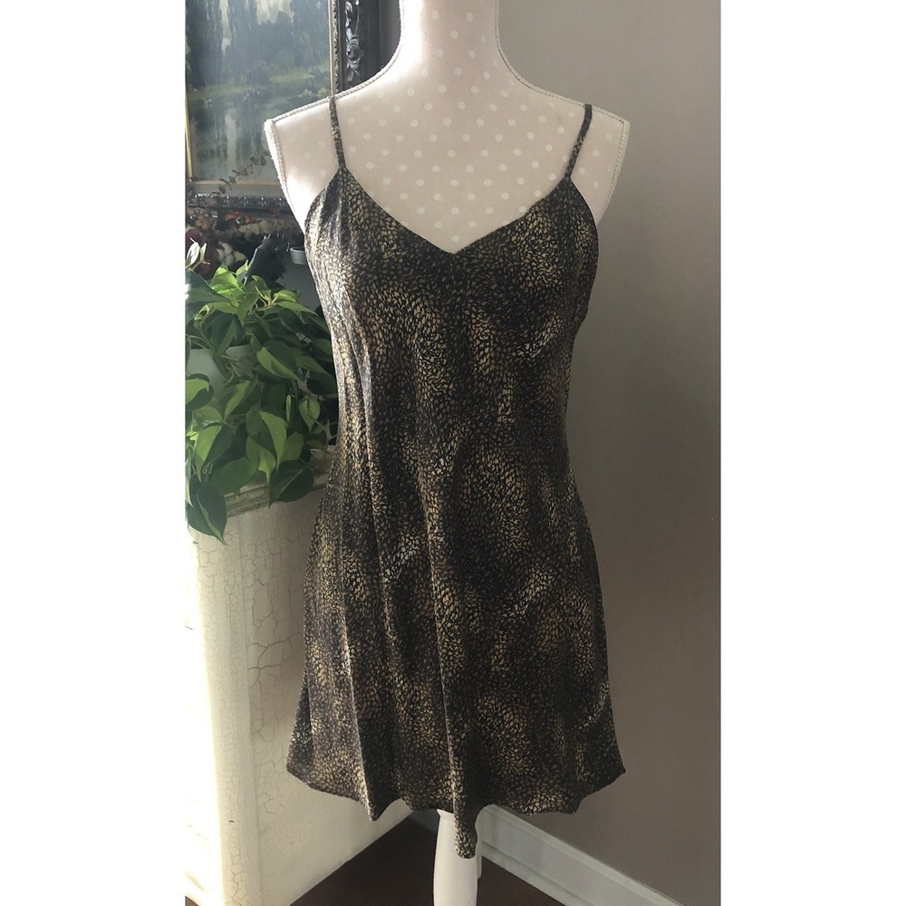 August Silk Intimates 100% Silk Babydoll Slip Dress Leopard Print Women's M